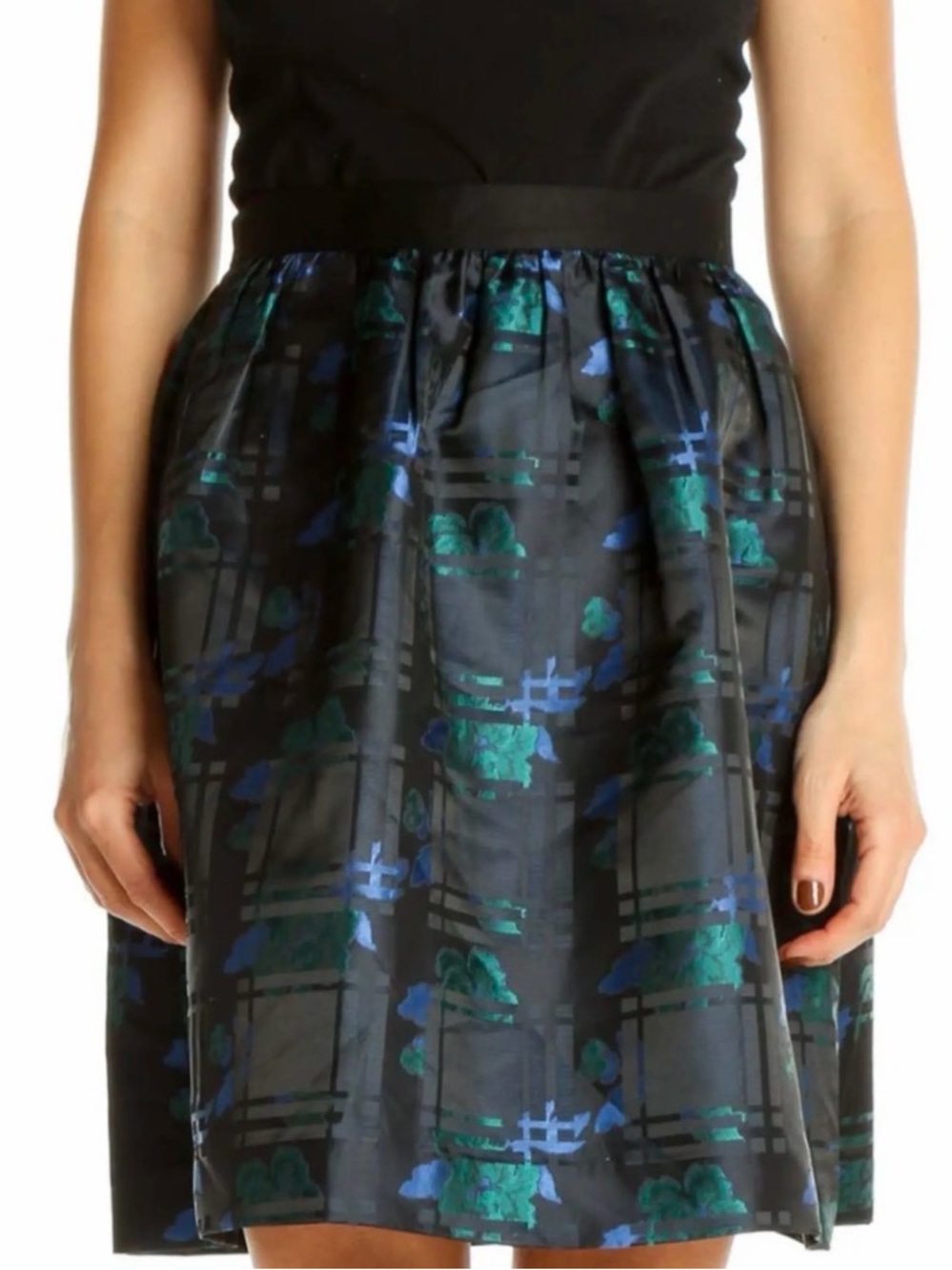 J. Crew Black Circle Skirt with Teal & Blue Floral Motif